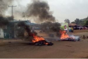 scene of tires burnt on the road in Akure.