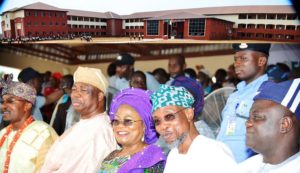 From right, Representative of the Minister of Education, Professor Usman Olayiwola; Governor State of Osun, Ogbeni Rauf Aregbesola; his deputy, Mrs Titi Laoye-Tomori; Asiwaju Musulumi of Yorubaland, Alhaji Tunde Badmus and the Oluwo of Iwoland, Oba Abdulrasheed Adewale Akanbi, during the Students Official resumption and  ommencement of learning in Osun New High Schools (Ataoja Government High School in Osogbo, Wole Soyinka Government High School in Ejigbo, Adventist Government High School in Ede and Osogbo Government High School, Osogbo), on Tuesday 21-03-2017