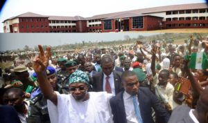 Governor State of Osun, Ogbeni Rauf Aregbesola rejoicing with students, during the Students Official resumption and  ommencement of learning Osun New High Schools (Ataoja Government High School in Osogbo, Wole Soyinka Government High School in Ejigbo, Adventist Government High School in Ede and Osogbo Government High School, Osogbo), on Tuesday 21-03-2017 