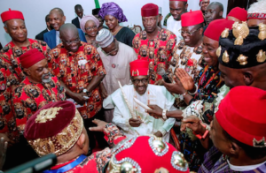 President Buhari conferred with the title of Ochioha NdiIgbo 1 by South East traditional council of rulers led by Eze Eberechi Dick during his visit to Ebonyi State on 14th Nov 2017