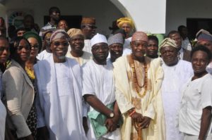 Governor State of Osun, Ogbeni Rauf Aregbesola (2nd left), his Senior Special Adviser on Sustainable development Goal (sdgs),  Folawiyo Olajuku, (meddle), Chairman Oriade Local Government, Hon Olubunmi Obeisun, (2nd right), Elegboro of Egboro, Oba Olufemi Agunsoye, (3rd right),  Medical Health Officer, Primary Healthcare Authority, Oke Inisa, Ijebu Ijesa, Dr Aderinwale Adeola (left), and Others, during the Commissioning of Primary Health Care Center In Ijebu-Ijesa on Tuesday 13th-03-2018.
