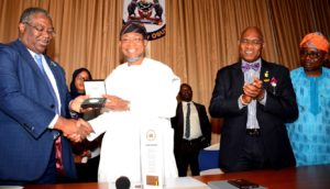 Governor State of Osun, Ogbeni Rauf Aregbesola, (2nd left), Chairman of Joint Tax Board, Mr Tunde Fowler (left), Executive Secretary of joint Tax Board, Mr Oseni Elamah, (2nd right), and Special Adviser to the Governor on Tax Matters, Barrister Gbenga Akano (right), during a visit by the crew of Federal Inland Revenue Service to Governor Aregbesola before the declaration of the 140th Quarterly Meeting of the Joint Tax Board by Osun Board of Internal Revenue in Osogbo on Monday 26-03-2018 