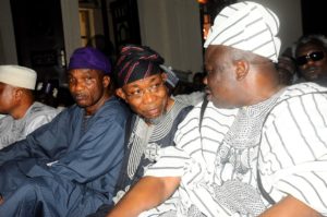 Governor State of Osun, Ogbeni Rauf Aregbesola (middle); the Olofa of offa Kingdom Oba Mufutau Muhammed Gbadamosi (right); Secretary to the State Government, Alhaji Moshood Adeoti (left), during a visit to Commensurate with the monarch and Mourns victims of Offa arm Robbery attack in Offa, in the palace, Offa on Friday 13-4-2018.