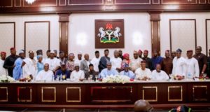 President Muhammadu Buhari With Governor Of Nasarawa State/Chairman of Ekiti State APC Governorship Primaries, Alhaji Tanko Al-Makura ; Vice President Yemi Osinbajo; ; APC Chieftain Asiwaju Bola Tinubu , APC National Chairman, Chief John Odigie-Oyegun with Ekiti APC Governorship Aspirants during a dinner the President hosted in honour of the South West APC Leaders and Gubernatorial Aspirants of Ekiti State at the Presidential Villa Abuja on Wednesday Night 02568/16/5/2018/ICE/NAN