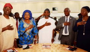 L-R: Senator Bayo Salami, Deputy Governor of the state of Osun, Mrs Titilayo Laoye-Tomori, Governor Rauf Aregbesola, the Commissioner for Justice and Attorney General of the State of Osun, Dr Ajibola Basiru (the author of Fundamentals of Secured Finance Law) and his wife, Magistrate Habibat Basiru at the book launch. 