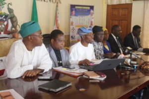 L-R:  Special Adviser to the Governor on Education, Mr Niyi Idowu, Permanent Secretary, Ministry of Education, Mr Festus Olajide, Commissioner for Education, Mr Kola Omotunde-Young, Commissioner for Information and Strategy, Mr Adelani Baderinwa, the Osun Branch Controller of WAEC, Dr Mrs C.O. Akintunde at the press briefing on the development of education in the state of Osun.