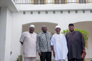 L-R: Speaker, Osun state House of Assembly, Lagos State Governor, Akinwumi Ambode, Governor Rauf Aregbesola of Osun state and APC Chairman in Osun, Prince Gboyega Famodun in pix after the meeting