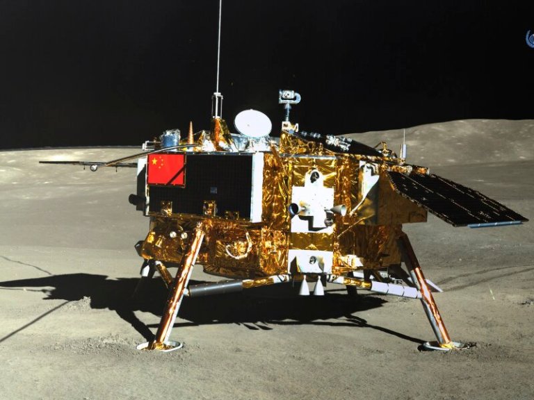 FILE – This photo provided on Jan. 12, 2019, by the China National Space Administration via Xinhua News Agency shows the lunar lander of the Chang’e-4 probe in a photo taken by the rover Yutu-2 on Jan. 11. China is preparing to launch a lunar probe Friday, May 3, 2024, that would land on the far side of the moon and return with samples that could provide insights into geological and other differences between the less-explored region and the better-known near side. (China National Space Administration/Xinhua News Agency via AP, File)