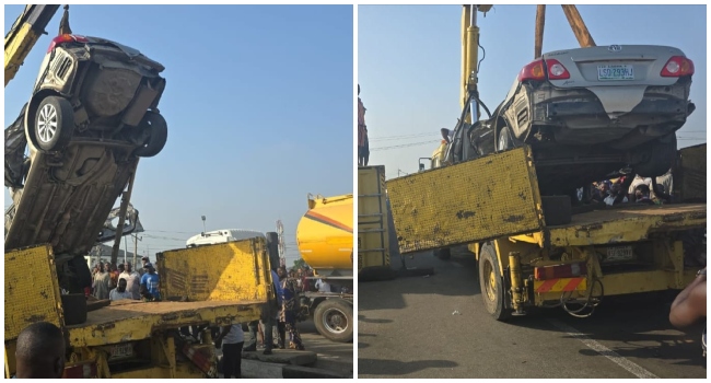 Drivers Survives As 40ft Container Crashes Onto Car In Lagos