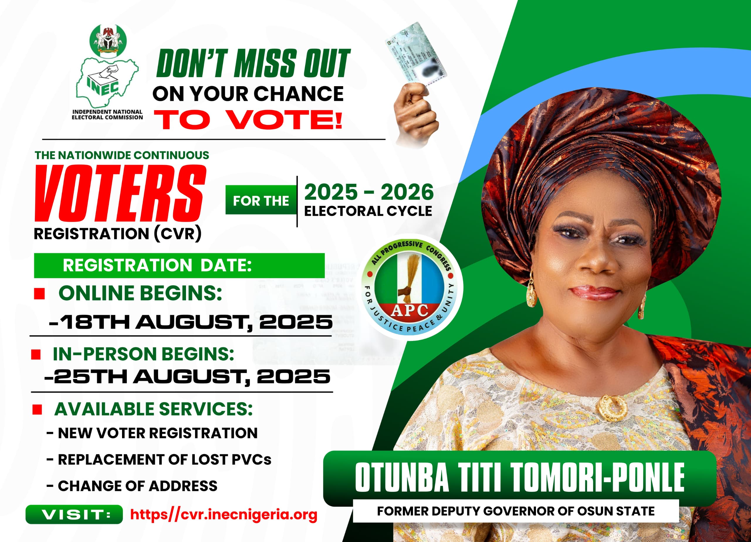 Ex-Osun Deputy Gov, Tomori-Ponnle Urges Residents Participate In INEC CVR