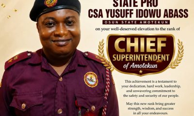 OOPA Hails Yusuf Idowu’s Promotion, Charges Amotekun On Sustained Security Vigilance